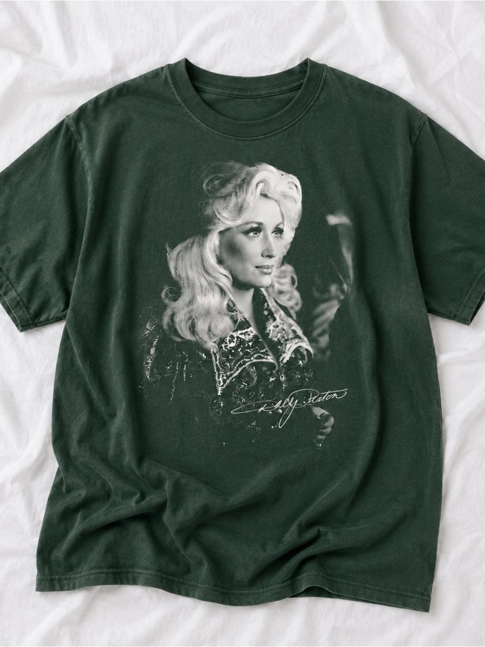 Dolly Gildan Forest Green Women's Graphic Tee with Monochrome Portrait